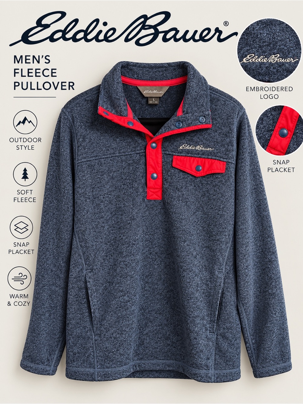 Eddie Bauer Men’s L Blue Red Snap Pullover Fleece Sweater